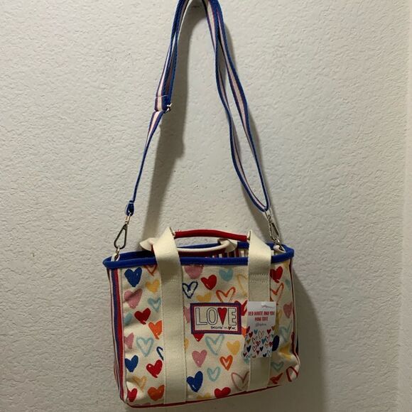 NWT Brighton Red White and You Mini Tote Bag Canvas With Hearts and Love Strap - Picture 6 of 12